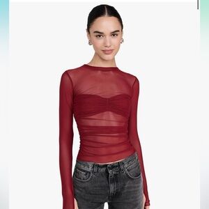 AFRM Burgundy Sheer Long Sleeve Bodysuit